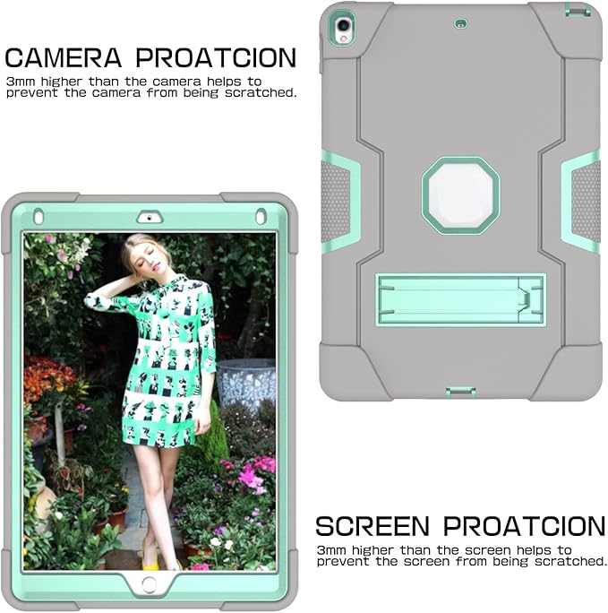 3 in 1 Hybrid Case for iPad Air 3 10.5" & iPad Pro 10.5" - Heavy Duty Rugged Stand, Shockproof, Anti-Slip, Anti-Scratch, Gray/Green