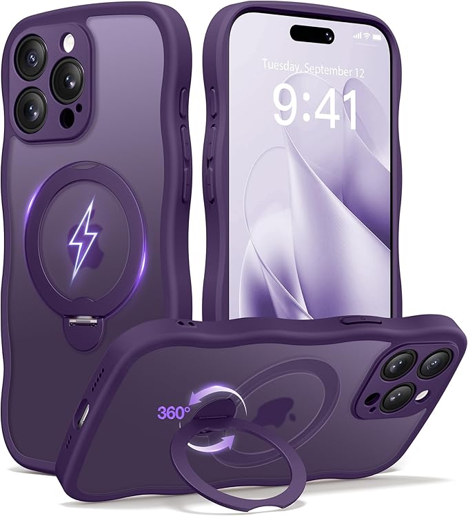 CAPRARO for iPhone 15 Pro Case with 360° Spin Magnetic Stand for Women, [Compatible with MagSafe] [Full Camera Protection] Cute Wave Translucent Matte Case for iPhone 15 Pro, Deep Purple