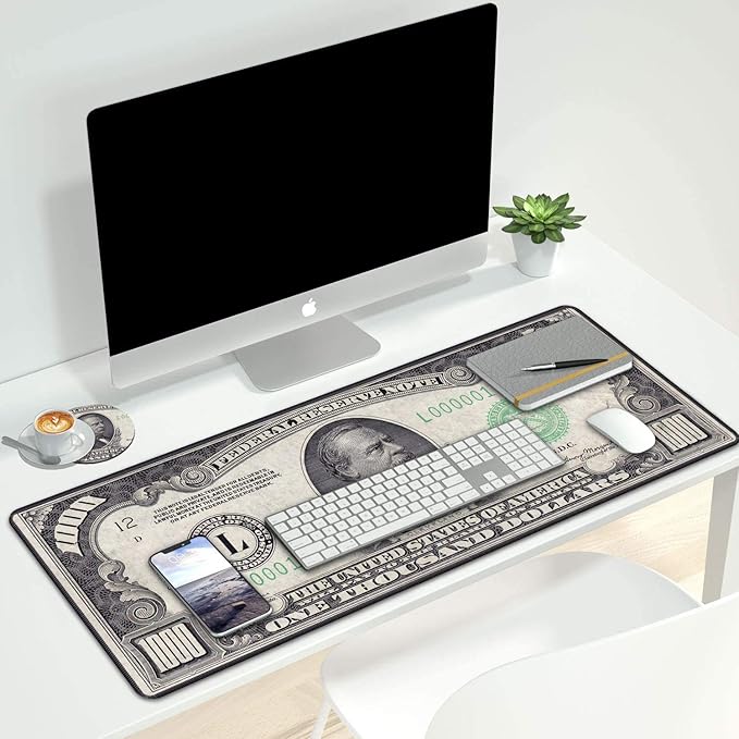 Desk Pad Mat Gaming Mouse Pads with Coasters Set, Stitched Edges Design Mouse Pad XXL Large Mouse Pad for Laptop Computers 1000 Dollar Bill Desk Writing Mat for Office & Home 31.5x 11.8