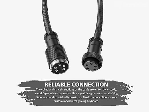 Ranked Coiled Keyboard Cable | Handcrafted Double-Sleeved Braided Cable | USB Type C to A | 5-Pin Aviator Connector for Custom Mechanical Gaming Keyboard | Support Fast Charge 20W (Black)