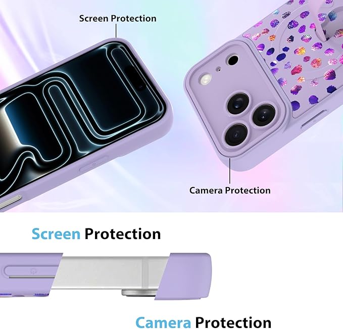 KANGHAR Compatible with iPhone 17 Pro Max Case, Support for MagSafe, Silicone Cute Iridescent Pattern Leopard Print Cheetah, Wristband Kickstand Shockproof Soft Slim Cover for Girls Women, Purple