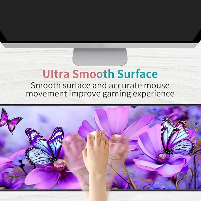 Desk Pad Mat Gaming Mouse Pads with Coasters,Stitched Edges Design Mouse Pad XXL Large Mouse Pad for Laptop Computers Purple Flowers and Butterflies Desk Writing Mat for Office & Home