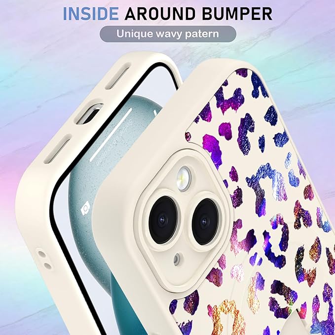 KANGHAR Compatible with iPhone 15 Case, Support for MagSafe, Silicone Cute Iridescent Leopard Cheetah Pattern, Wristband Kickstand Shockproof Protective Slim Cover for Women Girls, White
