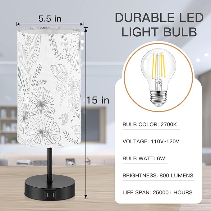 CINSARY Touch Control Bedside Lamp with 2 USB Ports, 3-Way Dimmable Table lamp for Bedroom, Nightstand Lamp with Round Flower Fabric Shade for Living Room Home Office (E26 LED Bulb Included)