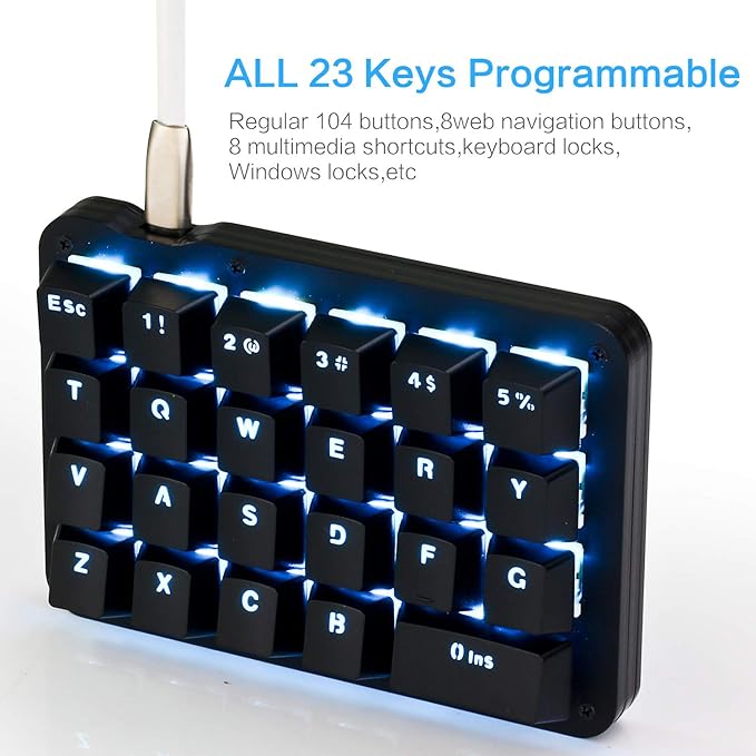 Koolertron 23-Key One-Handed Mechanical Keypad, Blue LED Backlit Portable Mini One-Handed Mechanical Gaming Keypad 23 Fully Programmable Keys