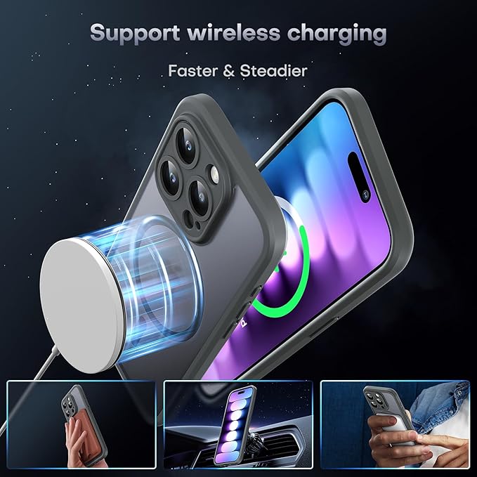 TOCOL Magnetic for iPhone 15 Pro Case, Upgraded Full Camera Protection, Compatible with Magsafe, Drop Protection, Translucent Matte Back Bumper Phone Cover 6.1-Inch (Gray)