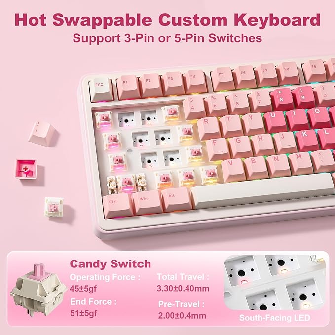 YUNZII B75 PRO MAX QMK/VIA Wireless Mechanical Keyboard,75% Layout with Screen and Knob,Custom Hot Swap Gasket,Creamy Pre-lubed Switches,Bluetooth/Type-C/2.4G for Win/Mac (Pink Heart,Candy Switch)