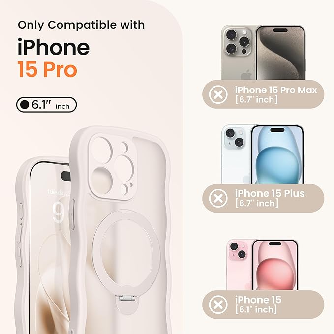 CAPRARO for iPhone 15 Pro Case with 360° Spin Magnetic Stand for Women, [Compatible with MagSafe] [Full Camera Protection] Cute Wave Translucent Matte Case for iPhone 15 Pro, Stone
