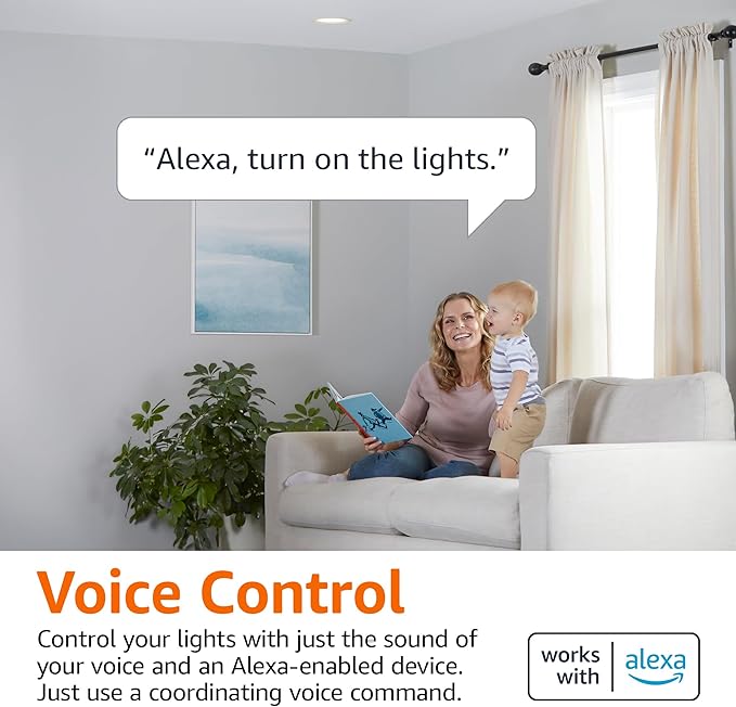 Amazon Basics Smart BR30 LED Light Bulbs for Bedroom Living Room, Dimmable Soft White (2700K), 9W (60W Equivalent), 800LM, Voice Control, Works with Alexa Only, 2.4 GHz Wi-Fi, No Hub Required, 4-Pack