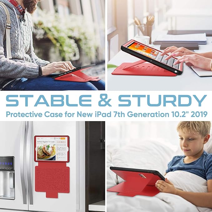 SEYMAC stock Case for iPad 9th/8th/7th Generation 10.2'', Strong Magnetic Auto Sleep Shockproof Case with Absorbing Multi-Angles Stand, Pen Holder, Card Slot (Red)