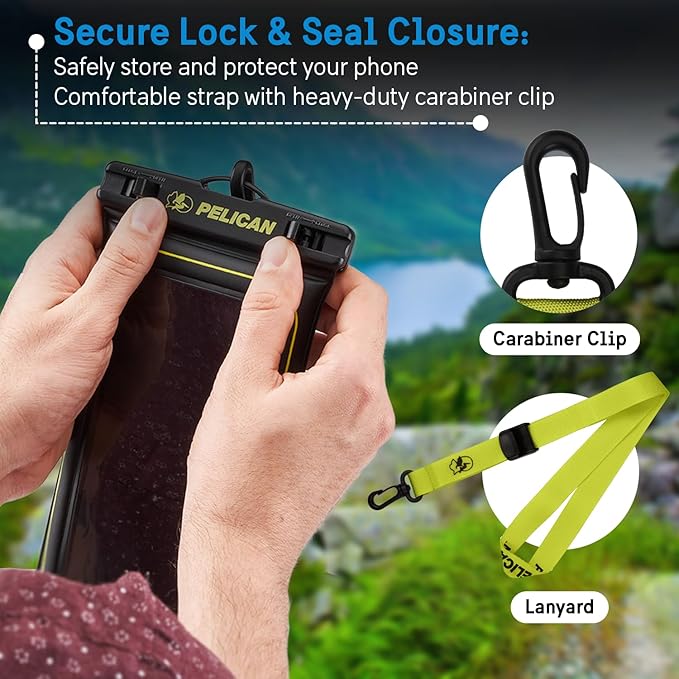 Pelican 4 Pack Marine - IP68 Waterproof Phone Pouch (Regular Size) Floating Waterproof Phone Case - Beach Cruise Ship Travel Essentials - Works w/All Phones - Detachable Lanyard - Black/Hi-Vis Yellow