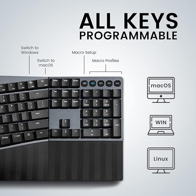 Perixx PERIBOARD-535BL Wired Ergonomic Mechanical Full-Size Keyboard - Low-Profile Blue Clicky Switches Programmable Feature with Macro Keys Compatible Windows and Mac OS X US English, Black