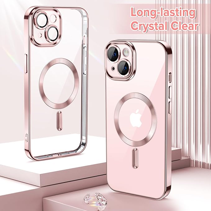 Hython Magnetic Clear for iPhone 13 Case with Camera Lens Protector [Compatible with MagSafe] Luxury Plating Edge Slim Soft TPU Cover Protective Phone Case for iPhone 13 6.1", Pink