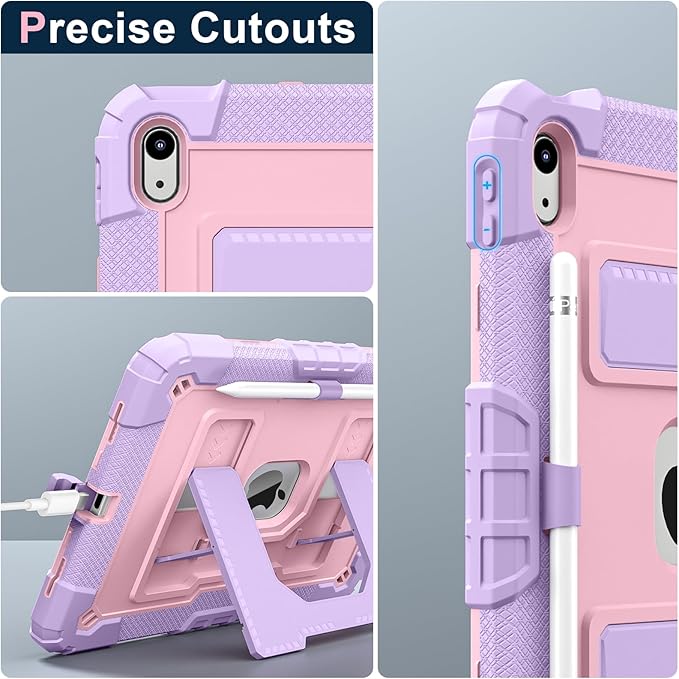Kids Friendly Case for iPad A16 11th Generation 11 Inch 2025 / iPad 10th Generation 10.9" 2022 Case with Pencil Holder & Shoulder Strap, Hybrid iPad 11 10 Cover Rugged Shockproof Kickstand,Pink+Purple