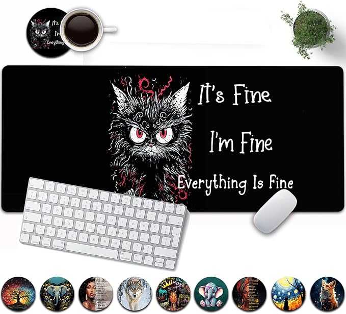 Large Mouse Pad, 31.5 x 11.8in Extended Gaming Mouse Pad with Stitched Edges, XXL Mousepad Protector Non Slip Rubber Base for Office and Home Writing Mat, Cute Black Cat Pattern Black Desk Mat