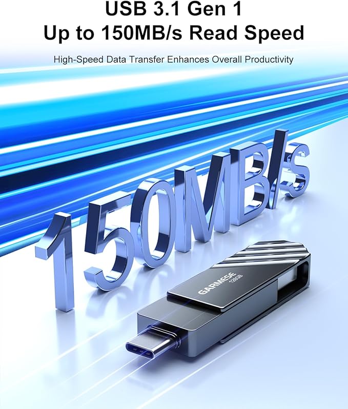 128GB USB C Flash Drive, Read Speed Up to 150MB/s USB 3.1 Gen 1 High-Speed Thumb Drive, Plug and Play Dual Port Memory Stick for iPhone 15/16/17 Pro Smart Phone/PC/Laptop/Tablet