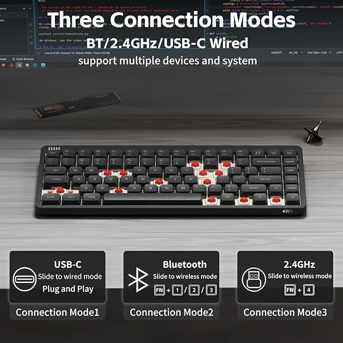 NuPhy Node75 Wireless Mechanical Keyboard, 75% Hot Swappable Custom Low Profile Keyboard, 84 Keys Computer Gaming Keyboards, Supports Touch Gestures, PBT Keycaps, RGB Backlit, Bluetooth/2.4GHz/USB-C