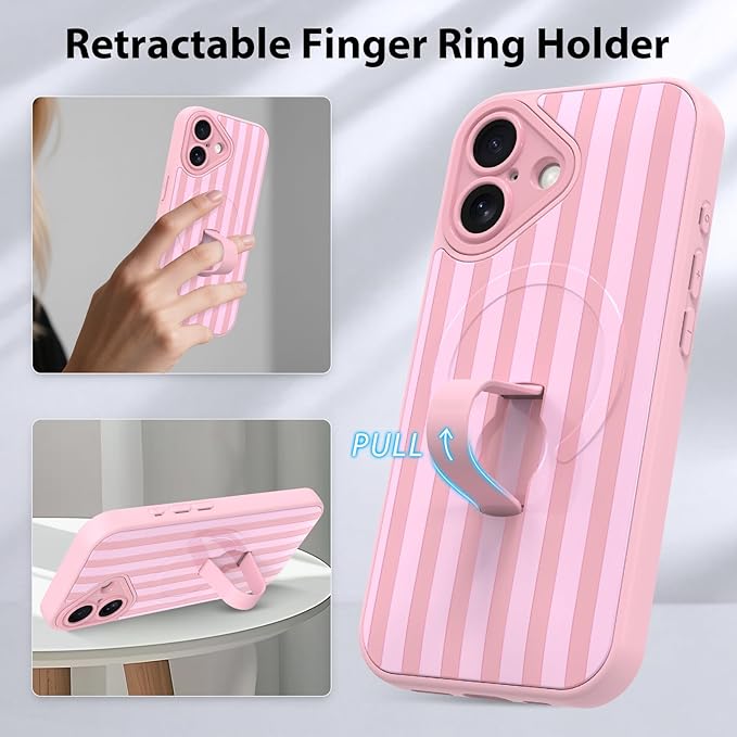 KANGHAR Compatible with iPhone 16 Case, Support for MagSafe, Silicone Stripes Cute Pattern, Wristband Kickstand Camera Protection Soft Slim Cover for Girls Women -Pink