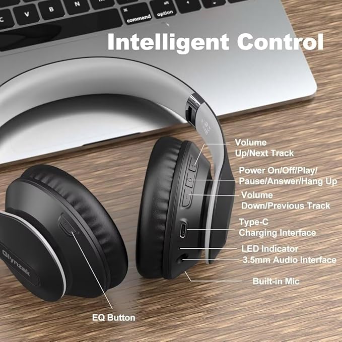 Wireless Bluetooth Headphones Over Ear 65H Playtime HiFi Stereo Headset with Microphone and 6EQ Modes Foldable Bluetooth V6.0 Headphones for Travel Smartphone Computer Laptop