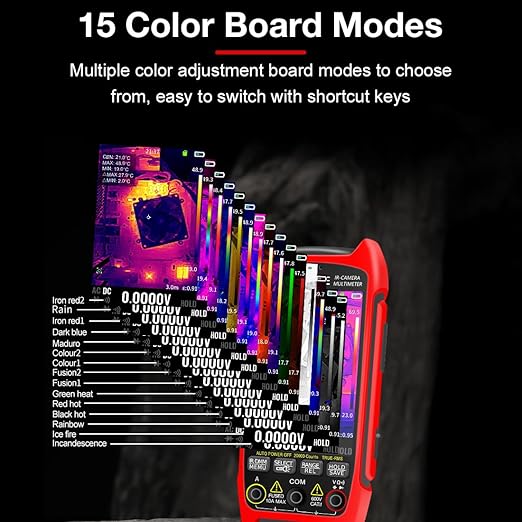 2 in 1 Thermal Imaging with 20000 Counts Multimeter Function Infrared Camera Pixels ISR256x192 Image Resolution 427x320 3.5 inch LCD -20℃ to 550℃ Temperature Range 15 Color Modes