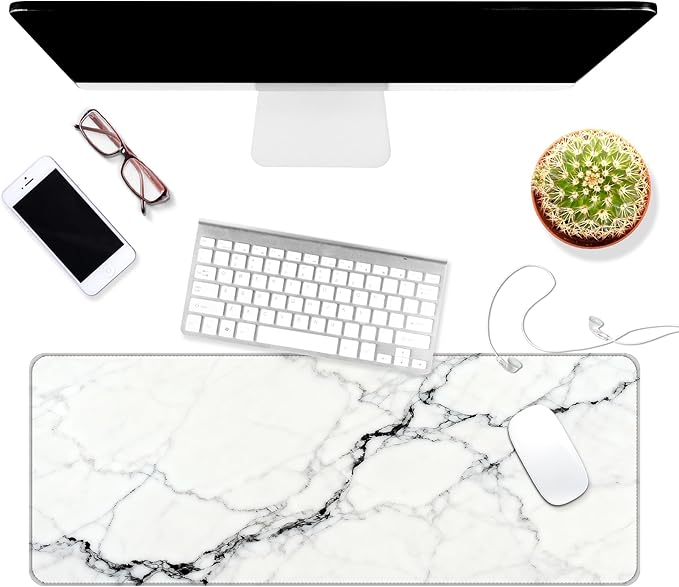 Thin Extended Gaming Mouse Pad （31.5 * 11.8 * 0.08 inch） with Stitched Edges Large Mousepad Long XXL Keyboard and Mouse pad Desk Mat for Gaming Office & Home - White Black Marble