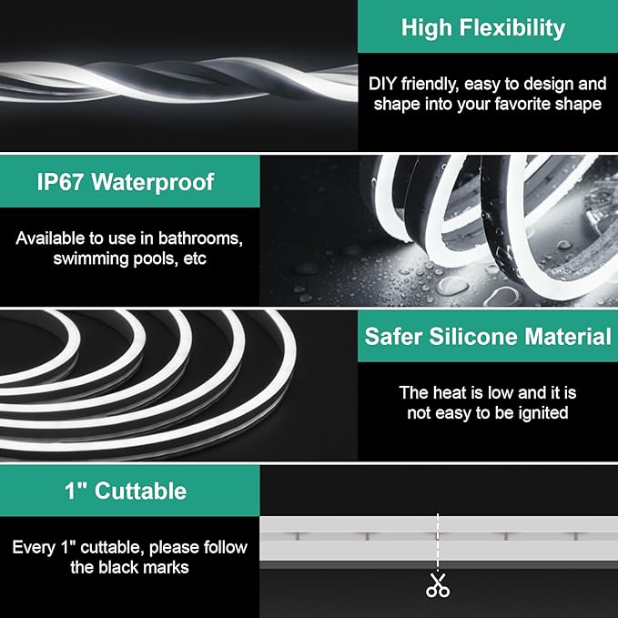 Neon Rope Lights, 32.8ft Cool White Dimmable LED Rope Lights, Cuttable Waterproof Flexible DIY LED Strip Lights for Bedroom, Indoor, Outdoor Decoration (Power Adapter Included)