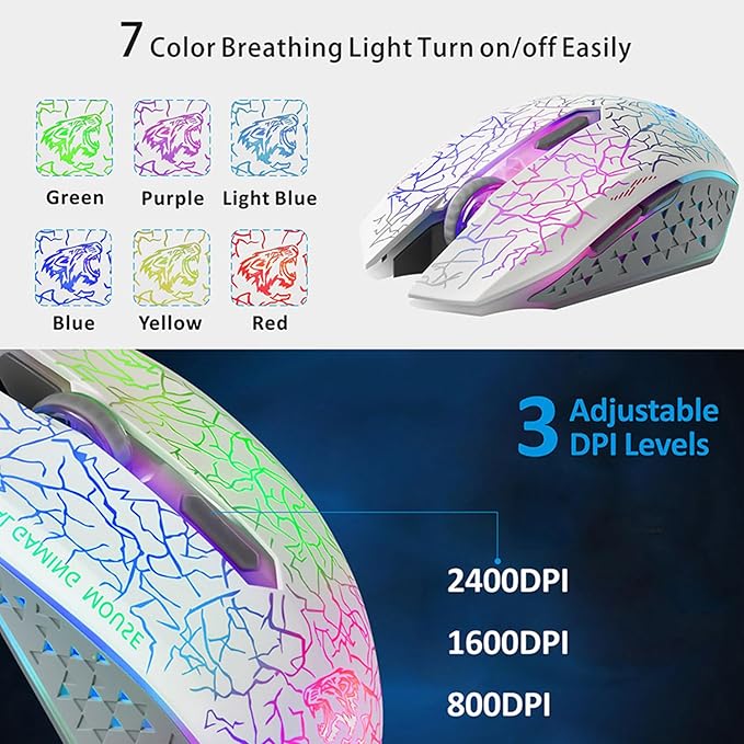 TENMOS M2 Wireless Gaming Mouse, Silent Rechargeable Optical USB Computer Mice Wireless with 7 Color LED Light, Ergonomic Design, 3 Adjustable DPI for Laptop/PC/Notebook, 6 Buttons (White)
