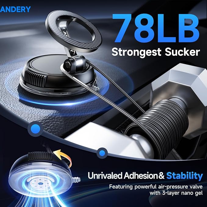 ANDERY Car Phone Holder for Magsafe [78+LBS Strongest Suction & 2400gf Magnetic] 360° Adjustable Car Phone Mount, Phone Holders for Your Car for iPhone 17-12 Pro Max Plus Air, Carbon Fiber