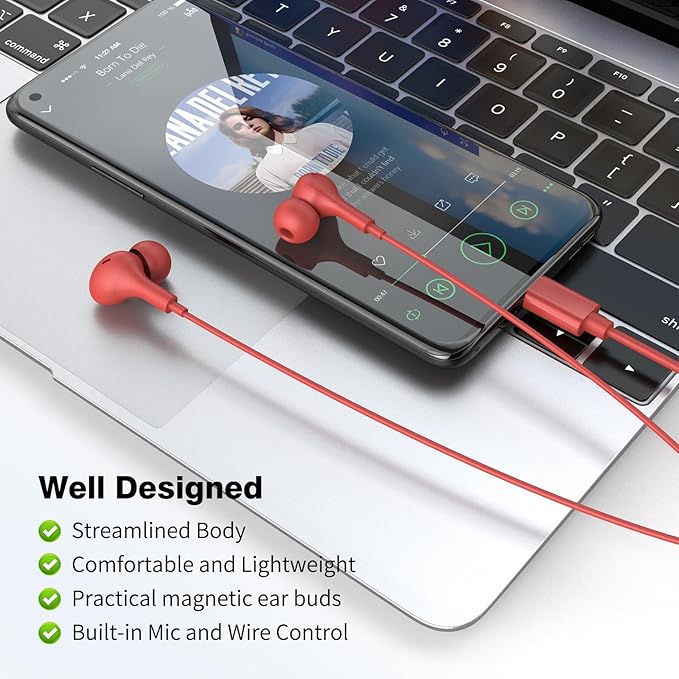 APETOO USB C Headphones for iPhone 17/16/15 Wired Earbuds for Samsung Galaxy S26/S25/S24/S23/S22 Magnetic Noise Isolating in-Ear Type C Earphones with Mic Volume Control for iPad 10/Pixel/Android, Red