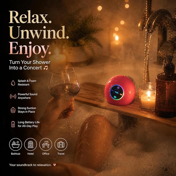Bluetooth Shower Speaker with LED – Portable Wireless Mini Speaker with Mic & Suction Cup, IPX4 Water Resistant for Shower, Travel, Pool, River Floating, and Outdoor Fun (Plum)