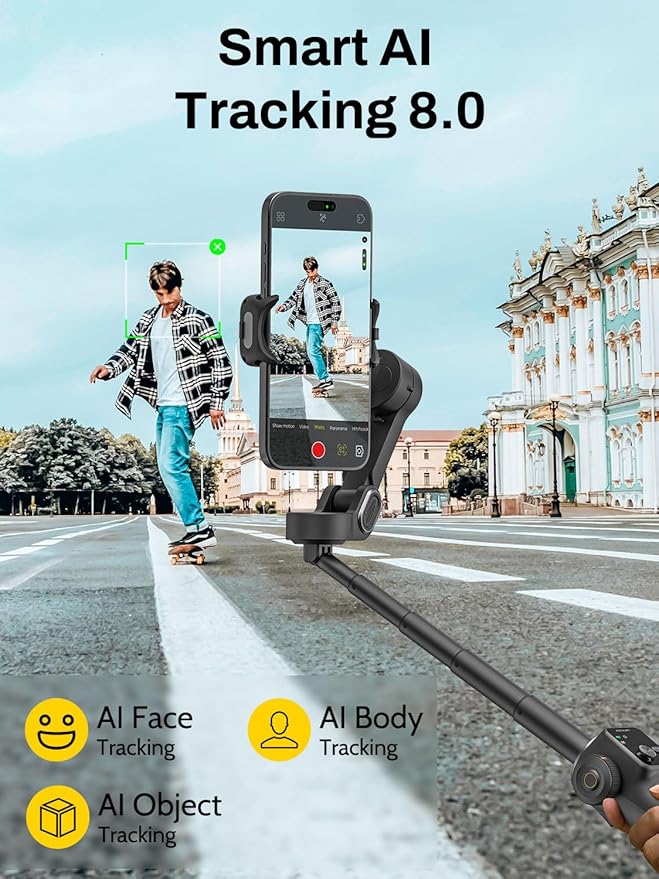 AOCHUAN 3-Axis Gimbal Stabilizer for iPhone, Smartphone Gimbal w/7.8" Extension Rod, OLED Display, Phone Stabilizer w/Face Tracking, Gesture Control, Video Record for iPhone & Android - Smart V8 Black