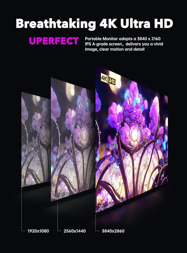 UPERFECT 17.3'' 4K Portable Monitor QLED, 600 Nits 150% sRGB UHD FreeSync HDR 2 Speakers Eye Care Travel Monitor, 2 Fully Functional Type-C Port & HDMI for Laptop PC Phone, VESA & Stand