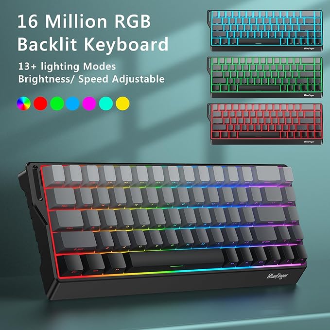 BlueFinger 60% Wireless Mechanical Gaming Keyboard, Bluetooth/2.4G/USB-C Hot Swappable RGB Backlit Keyboard with Side-Printed PBT Keycaps, for MAC Xbox PC PS5, Black