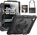 SEYMAC Case for iPad Pro 13 Inch M5 2025 / M4 2024, Heavy Duty Shockproof Protective Case with Screen Protector, 360° Rotating Stand, Hand/Shoulder Strap and Pen Holder, Black