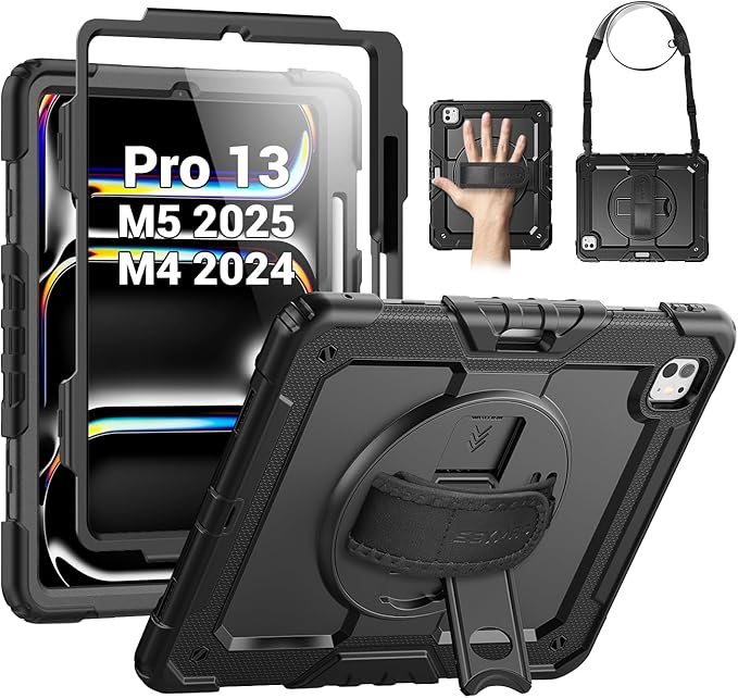 SEYMAC Case for iPad Pro 13 Inch M5 2025 / M4 2024, Heavy Duty Shockproof Protective Case with Screen Protector, 360° Rotating Stand, Hand/Shoulder Strap and Pen Holder, Black