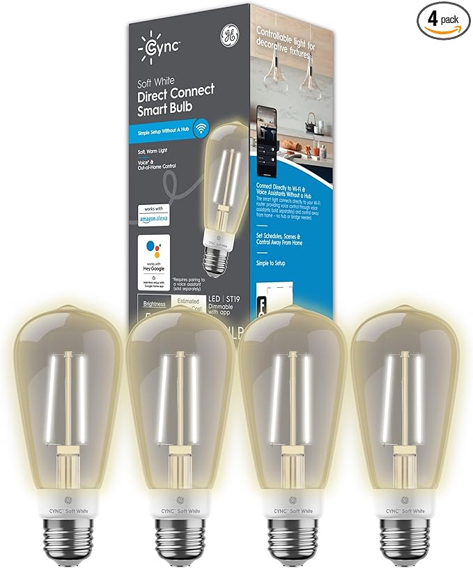 Cync GE Smart LED Light Bulb, ST19 Edison Style, Works with Amazon Alexa and Google Home, WiFi Light, Soft White, 60W Equivalent, (Pack of 4)