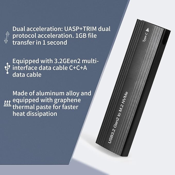 M2 SSD Enclosure, USB 3.2 to SATA Adapter, 10Gbps High-Speed Data Transfer, Tool-Free Installation, Compatible with 2230/2242/2260/2280 M.2 NVMe SSD, Aluminum Alloy Case, Portable & Durable