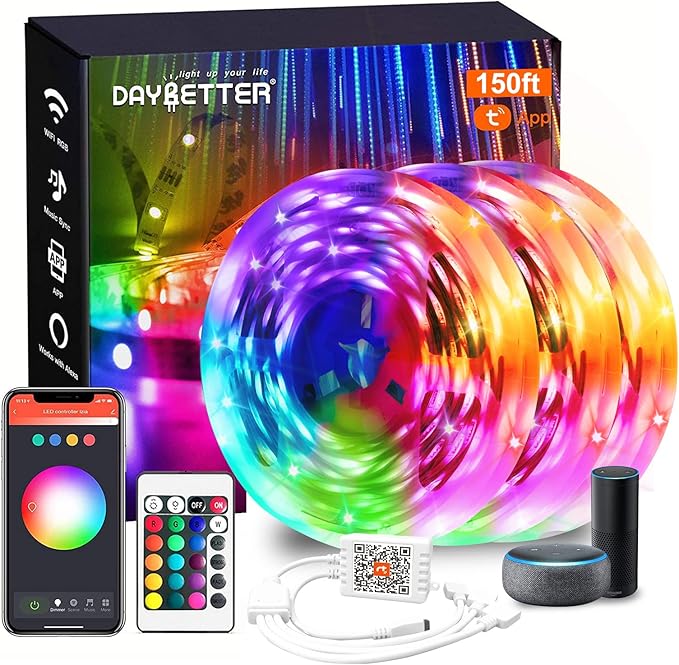 DAYBETTER Smart WiFi LED Strip Lights 150ft (3x50ft), RGB Color Changing, Alexa Google Voice Control, Music Sync, App Remote, Indoor Home Decor for Bedroom Gaming Room Party