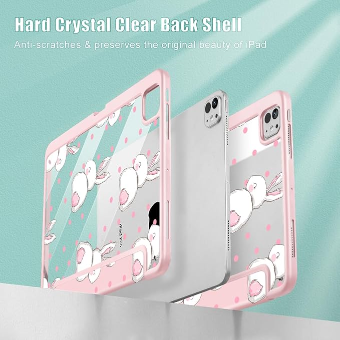 May Chen Case for iPad Pro 11-Inch M5/M4 2025/2024 (6th/5th Generation), [Penceil Holder] Trifold Stand Auto Wake/Sleep Clear TPU Protection Back Cover, Cute Rabbit