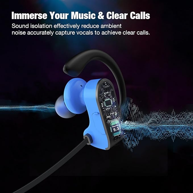 JOYWISE Bluetooth Headphones, Wireless Headphones 16H Playtime Wireless Earbuds with Mic Stereo in-Ear Earphones, IPX7 Waterproof Sports Headphone Sound Isolation Headsets for Running, Workout Blue