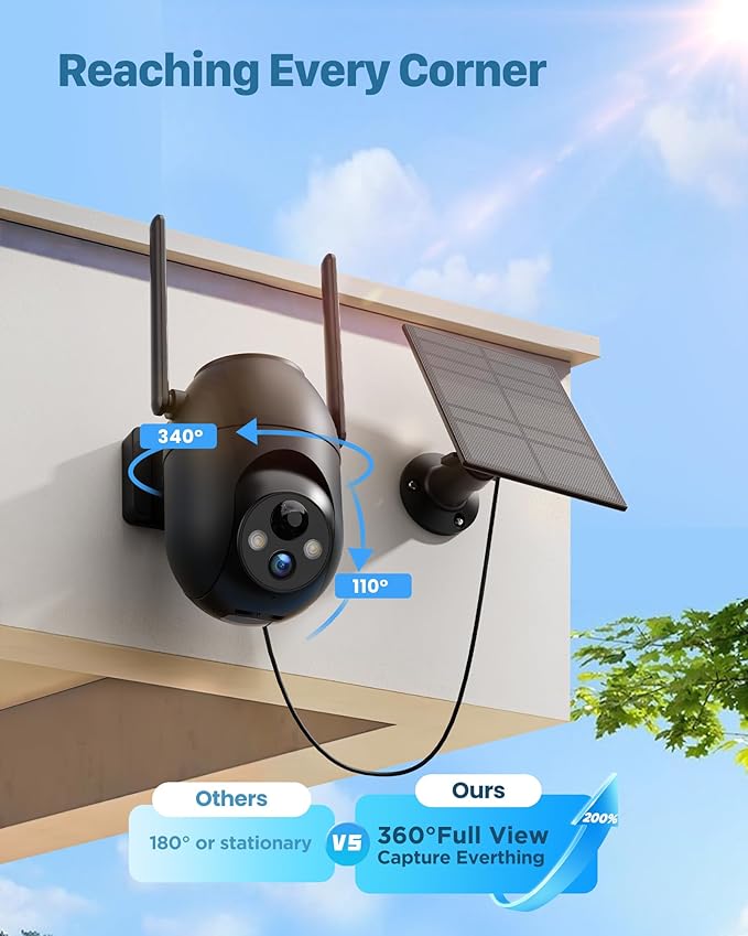 Security Cameras Wireless Outdoor Solar: 2K WiFi Camera for Home Security System - Battery Powered Cam IP66 Waterproof Motion Sensor 360° CCTV Camera- 5G Not Supported