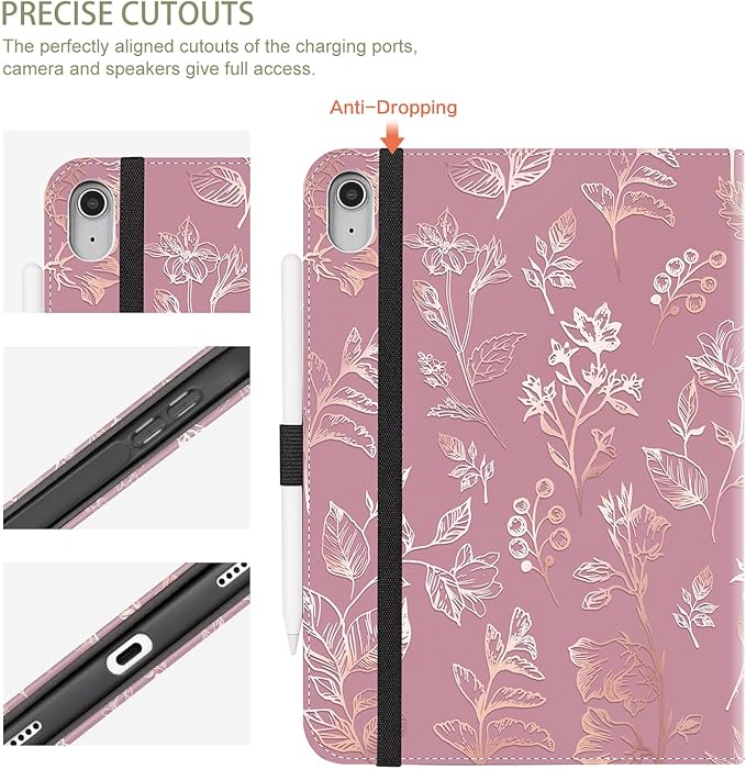 for iPad (A16) 11Th/10Th Generation Case 2025/2022, for iPad Case 11Th/10Th Generation, 10Th/11Th Gen iPadCase Cover Pencil Holder/Hand Strap/Pocket/Adjustable Stand, Gold Flower Art