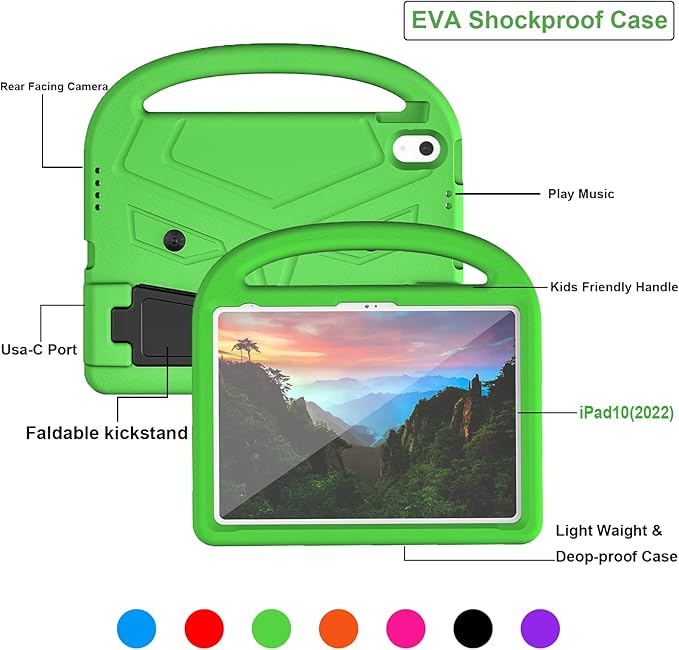 Dteck for iPad 10th Generation Case Kids 10.9 Inch 2022, Durable Lightweight Shockproof Protective Handle Stand EVA Foam Boys Girls Kids Proof Case for iPad 10th Generation 10.9 Inch 2022,Green