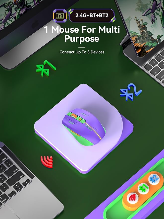 RAPIQUE Bluetooth Wireless Mouse - (BT1/BT2+USB Receiver) Dual Mode, Rechargeable, Quiet Click, Multi-Device Compatibility for Laptop, Computer, MacBook, Tablet (Purple and Green)