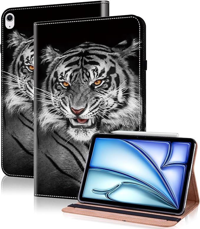 Compatible with iPad Air 11 Inch Case 8th/7th/6th Generation (M4/M3/M2) 2026/2025/2024, for iPad Air 5th/4th Generation Case 10.9 Inch 2022/2020 with Pencil Holder & Card Slots - Black Tiger