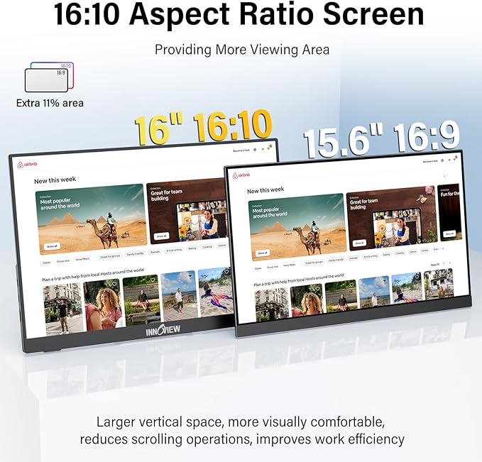 InnoView 16" Portable Monitor 180Hz FHD 1920×1200 100% sRGB Laptop Screen Extender | 2 x Type-C & HDMI Portable Monitor for Macbook/Switch/PS5/Xbox (Support 165Hz 144Hz 120Hz)