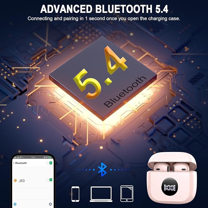 Wireless Bluetooth 5.4 Earbuds, Ear Buds LED Power Display Headphones 6D Stereo, Bluetooth Earbuds in-Ear Noise Cancelling Mic, 40H Playback Mini Case IP7 Waterproof Sports Earphones for Android iOS