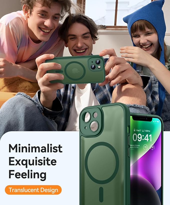 CANSHN Magnetic for iPhone 14 Plus Case, Upgraded [Full Camera Protection] [Compatible with Magsafe] [Translucent Matte] Shockproof Protective Phone Case for iPhone 14 Plus 6.7" - Deep Green