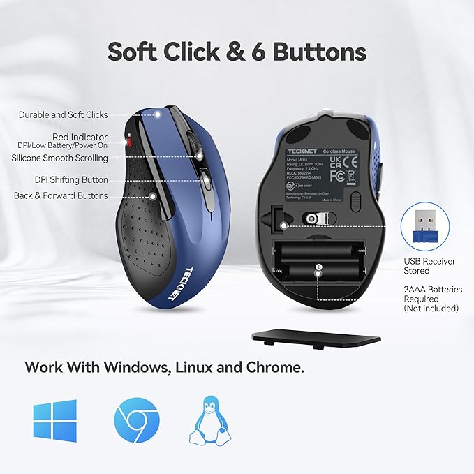 TECKNET Wireless Mouse, 2.4G Ergonomic Optical Mouse, Computer Mouse for Laptop, PC, Computer, Chromebook, Notebook, 6 Buttons, 24 Months Battery Life, 2600 DPI, 5 Adjustment Levels - Blue