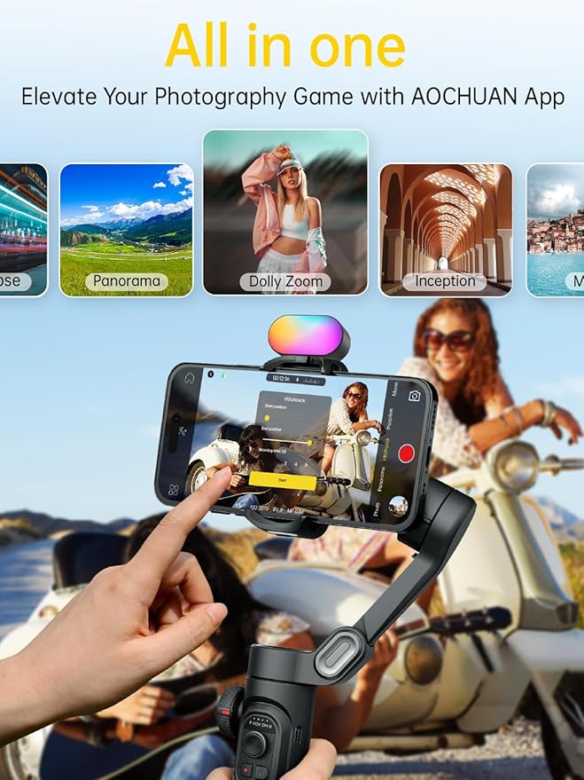 AOCHUAN 3-Axis Gimbal Stabilizer for iPhone Gimbal with RGB Magnetic Fill Light Upgraded Face Tracking Focus Wheel Foldable Smartphone for iPhone/Android Phone Stabilizer Vlog Recording Smart XE Kit
